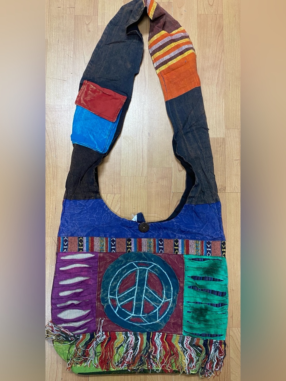 Boho Patchwork Peace Sign Crossbody Bag - Multicolor Made in Nepal